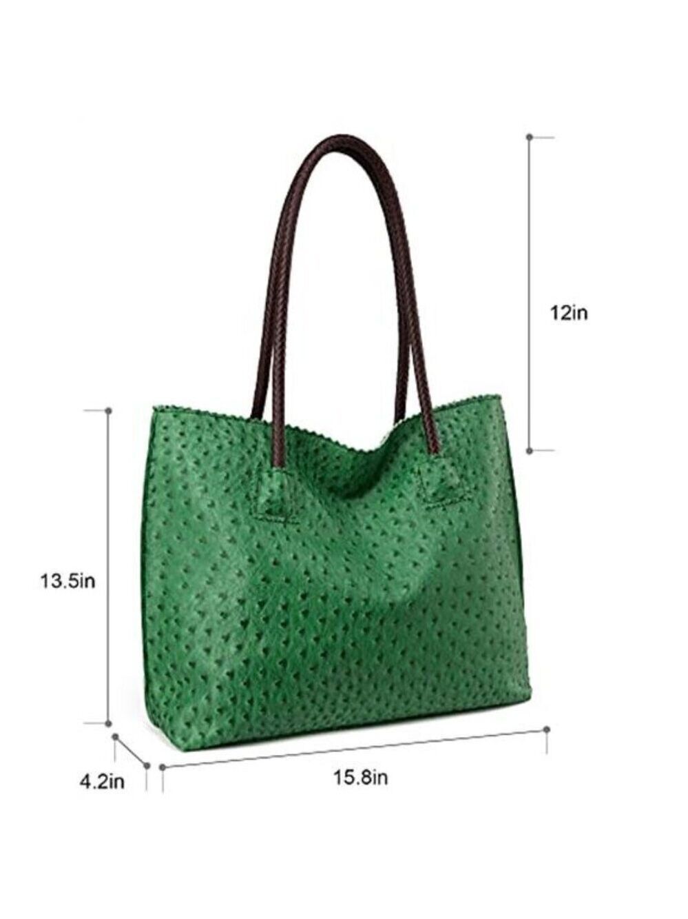 Green Ostrich Vegan Leather Tote Bag Women Large Zipper Shoulder Bag - Picture 6 of 8